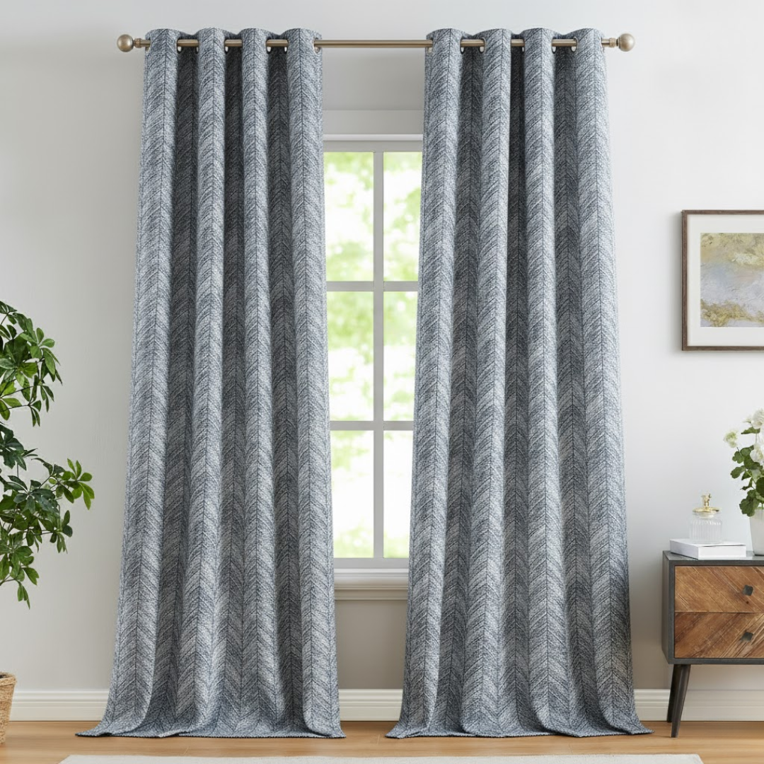 96 Inch Jacquard Curtains Blue Herringbone
