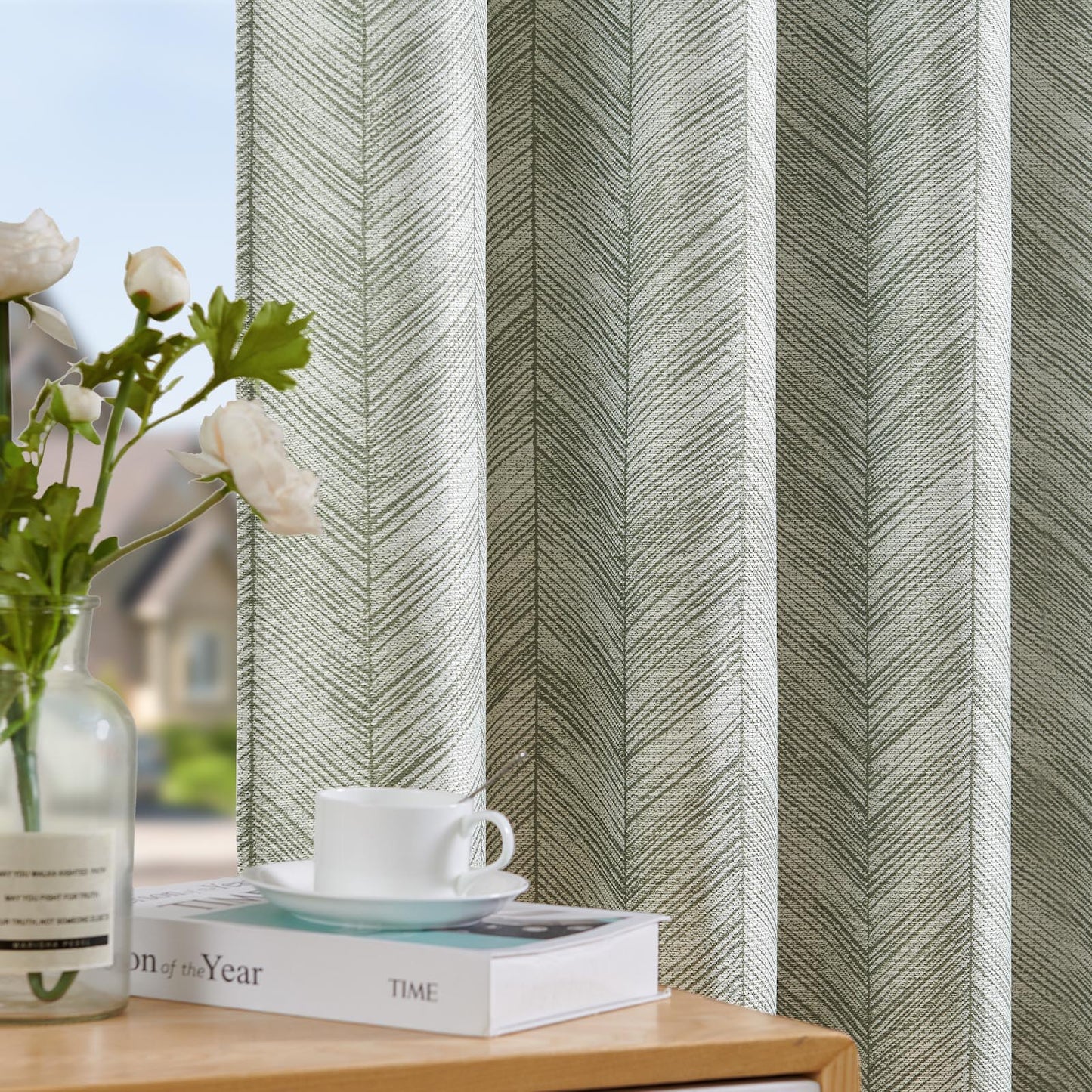 96 Inch Jacquard Curtains Blue Herringbone