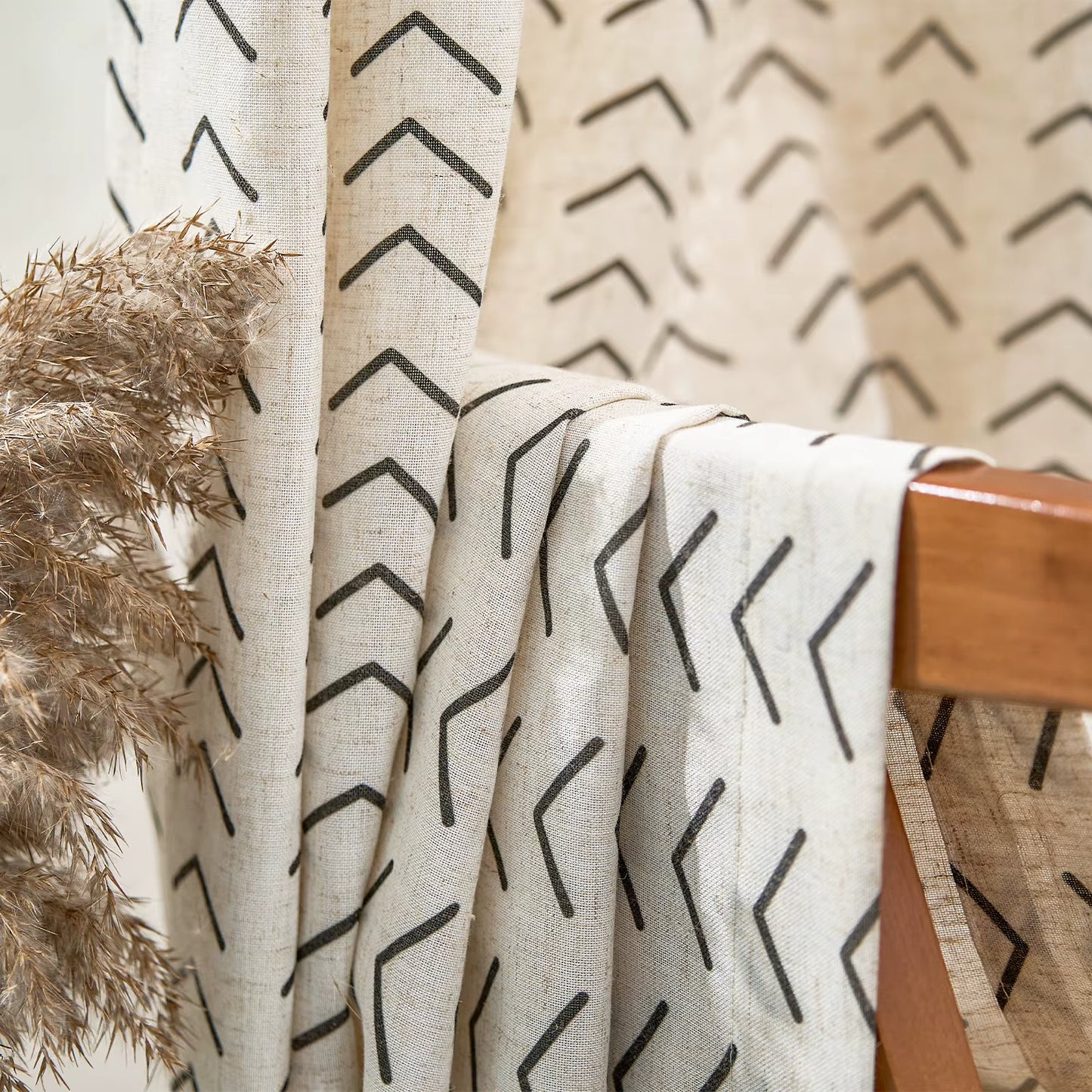 96 Inch Linen Curtains Boho Herringbone